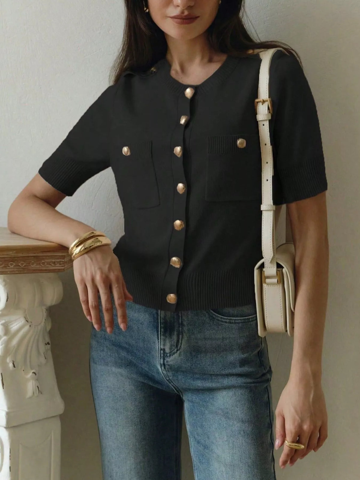 Short sleeve cardigan button detail