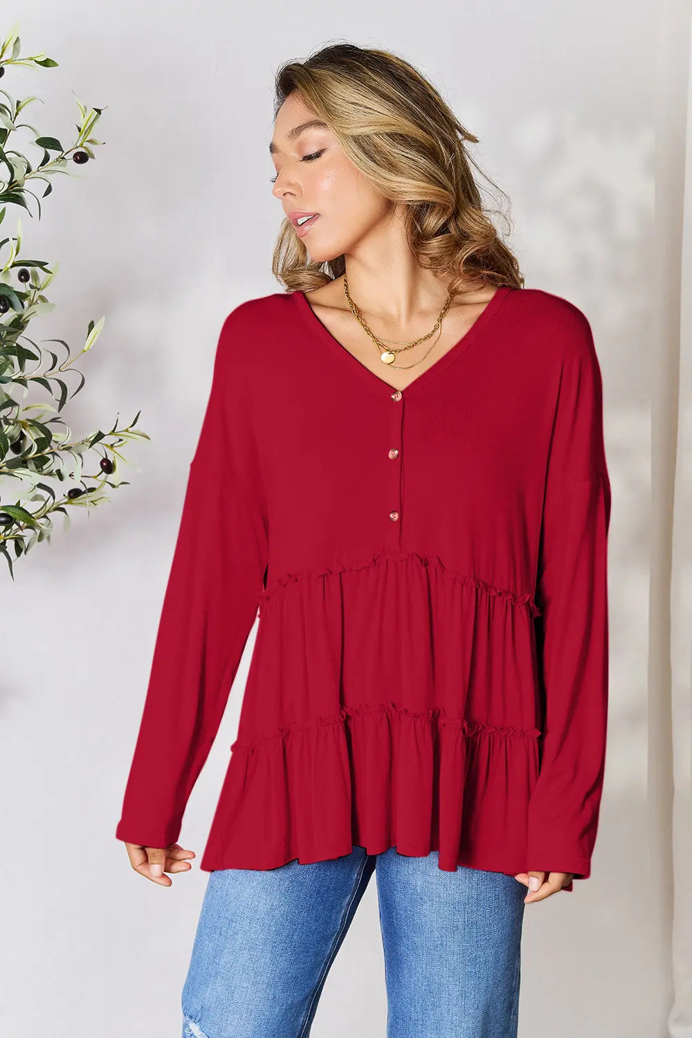 Double Take Half Button Long Sleeve Ruffle Hem Blouse - Fashorio