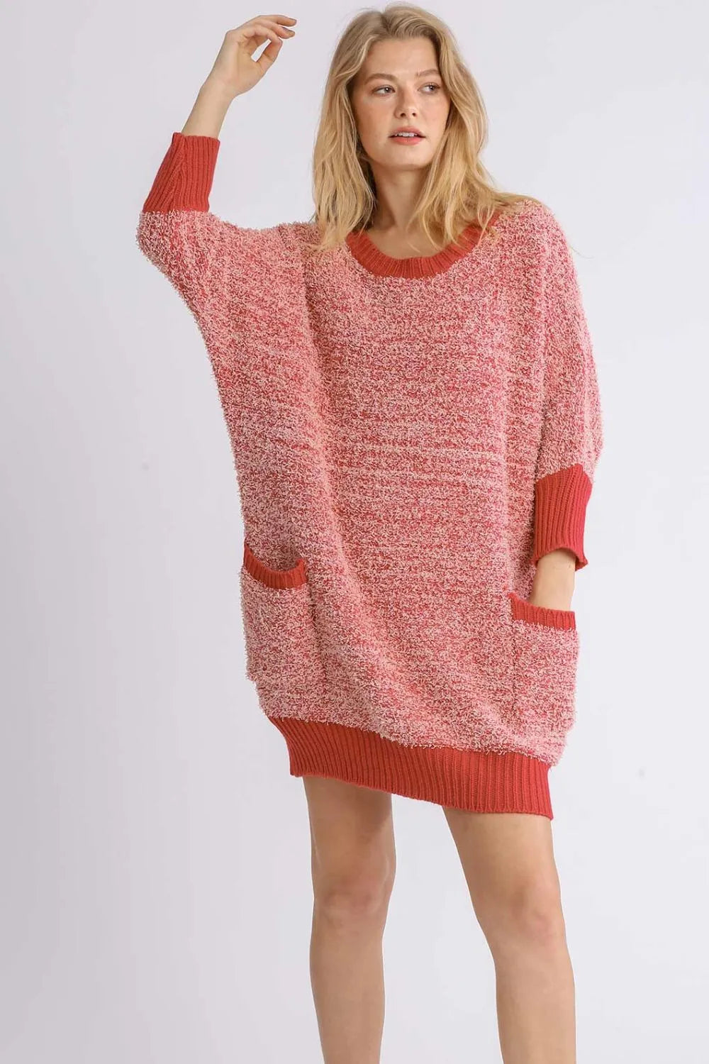 Scarlet Round Neck 3/4 Sleeve Sweater Dress with Pockets Plus Size