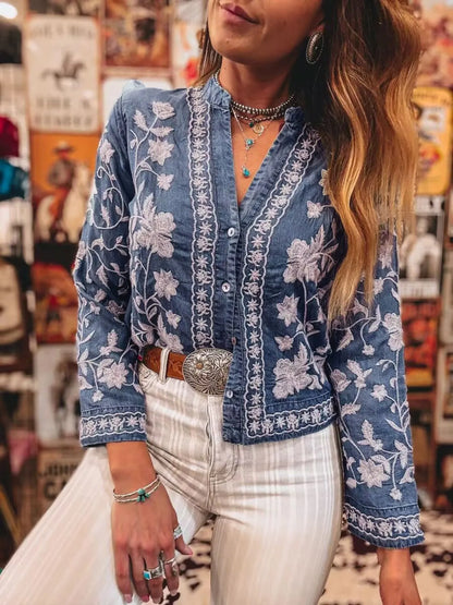 Floral Embroidered Button Up Denim Shirt Medium - Fashorio