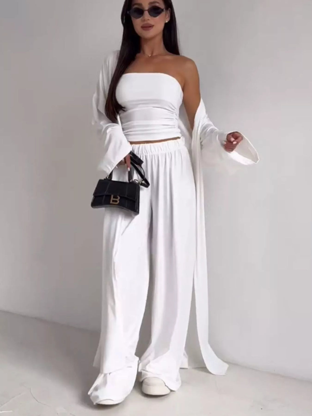 Tube Top Cardigan and Wide Leg Pants 3 Piece Set, view 11