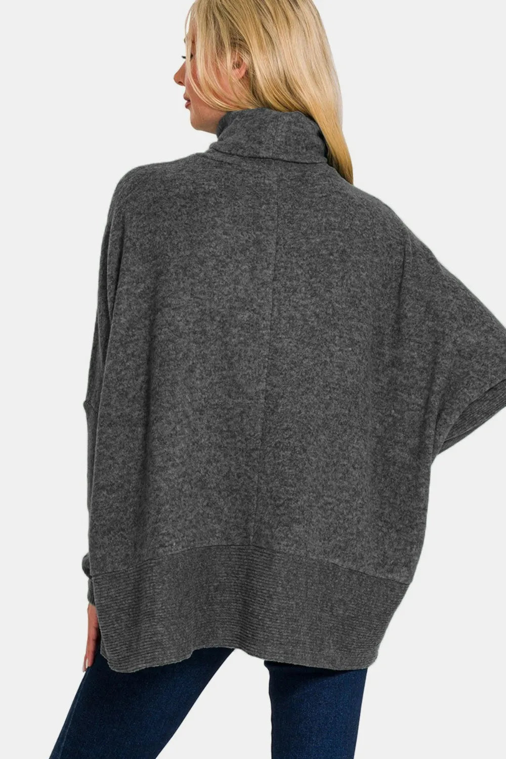 Brushed Melange Hacci Turtleneck Sweater in Black back view
