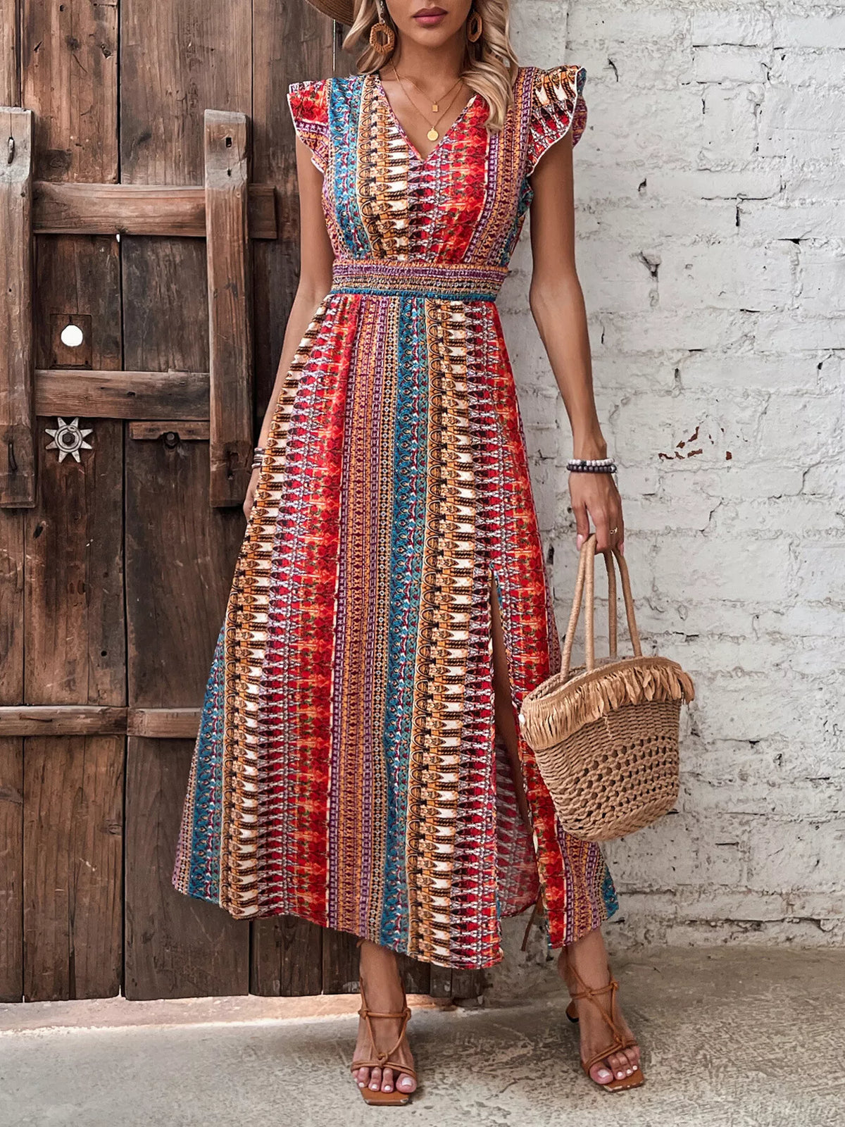 Boho print ruffle sleeve slit dress detail of the fabric