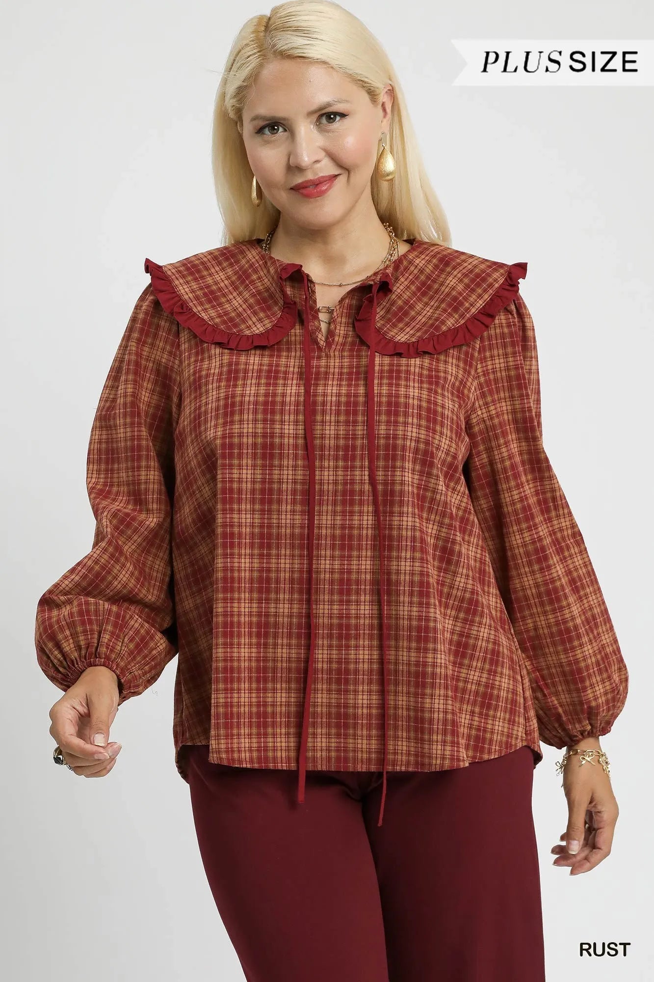 Umgee Full Size Plaid Ruffle Collar Blouse Plus Size - Fashorio