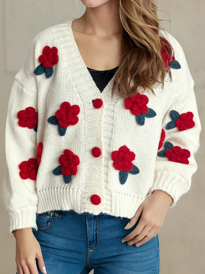 Flower Button Down V-Neck Long Sleeve Cardigan - Fashorio
