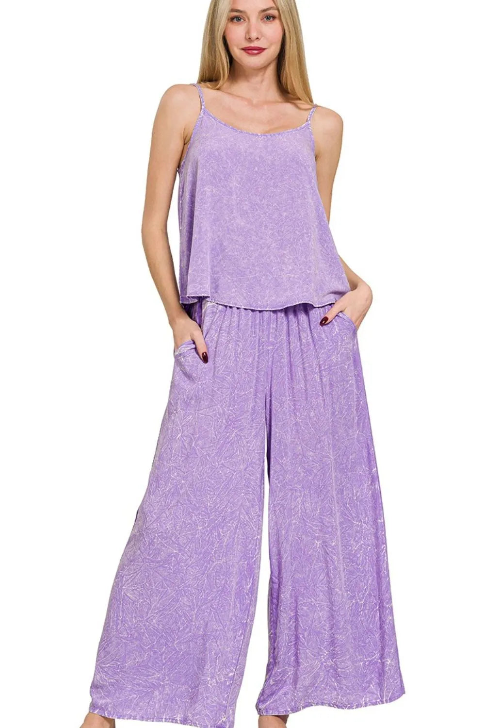 Zenana Woven Acid Crinkle Washed Cami & Pants 2 Piece Set LAVENDER - Fashorio
