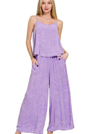 Zenana Woven Acid Crinkle Washed Cami & Pants 2 Piece Set LAVENDER - Fashorio