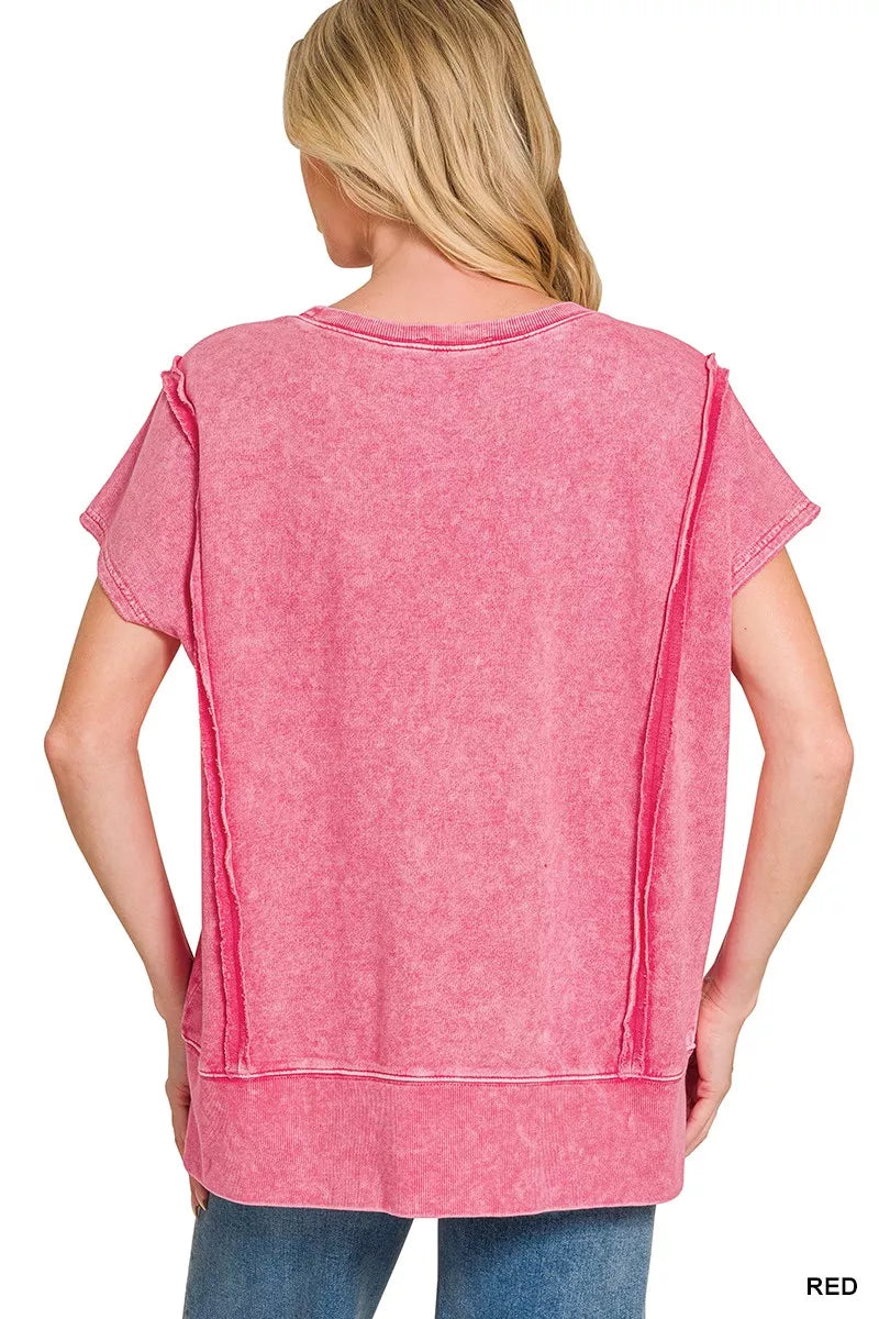 Red French terry oversized top on model