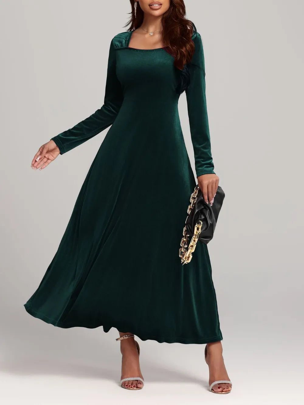 Fabric sheen detail on the velvet dress