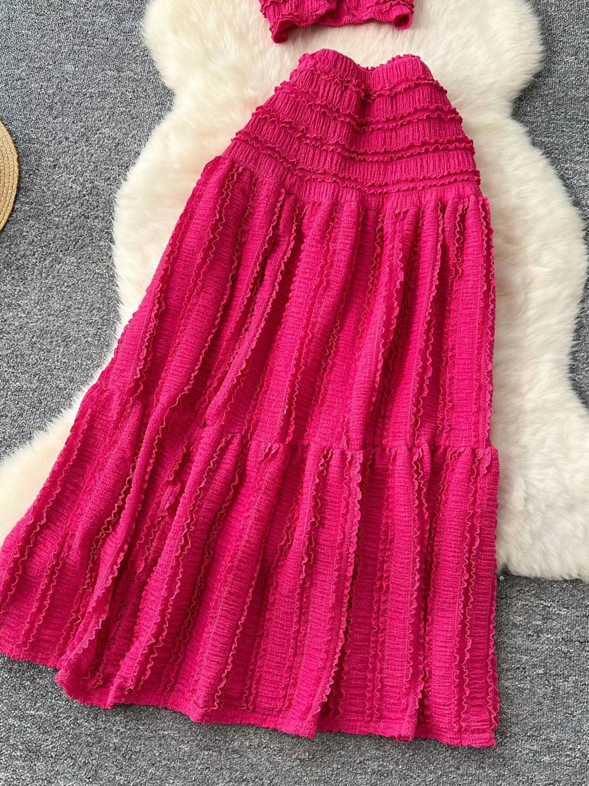 Textured crop top and tiered skirt matching set styled look