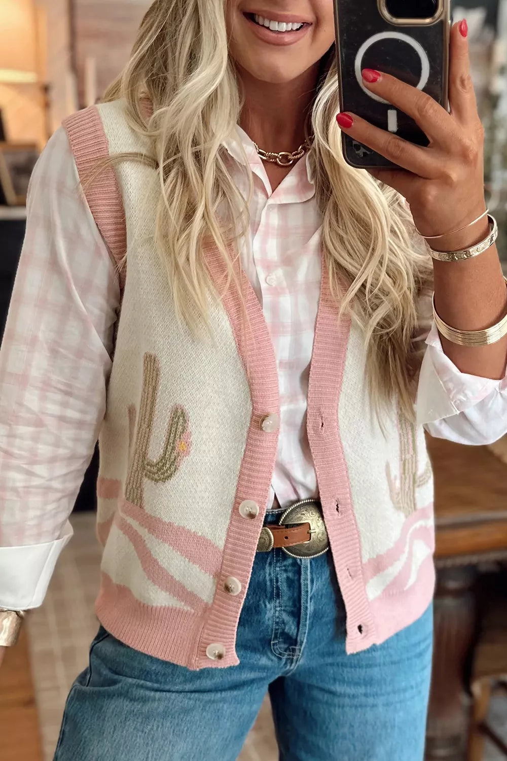 Sleeveless western cactus vest styled with jeans
