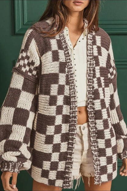 Checkered Open Front Long Sleeve Cardigan Beige - Fashorio