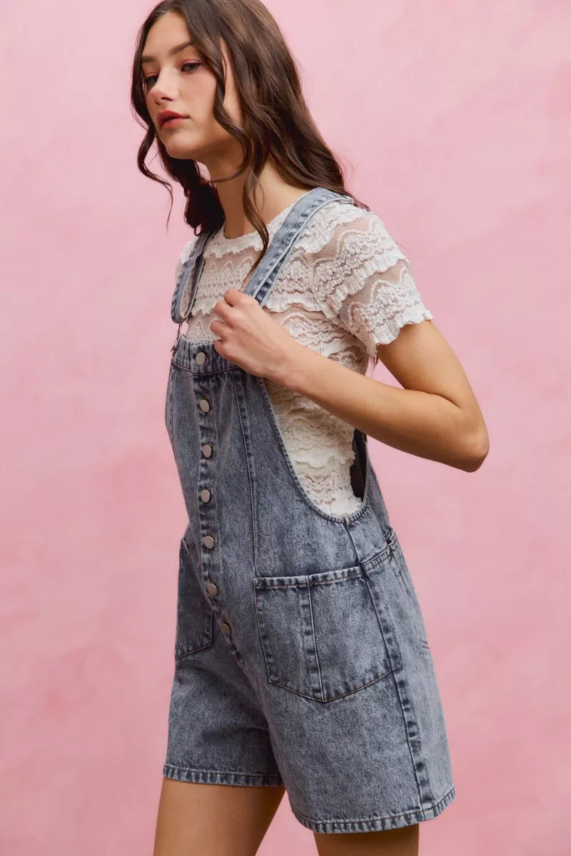 Short denim romper with adjustable straps