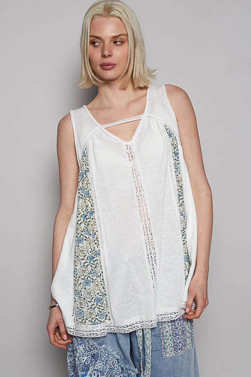 POL V Neck Sleeveless Tank Top with Lace Detail - Fashorio