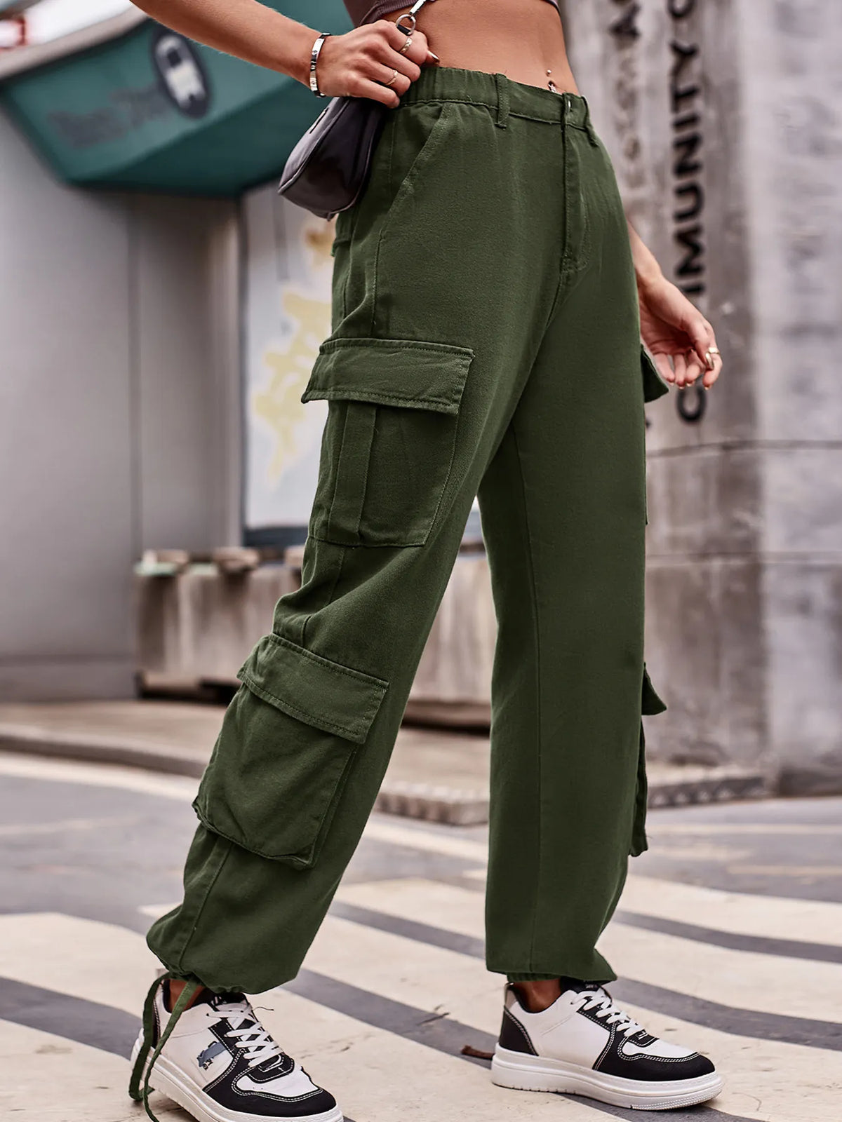 Wide leg cargo denim angled view