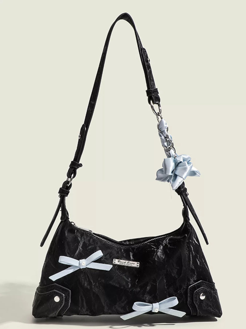 Black bow decor PU leather shoulder bag front view