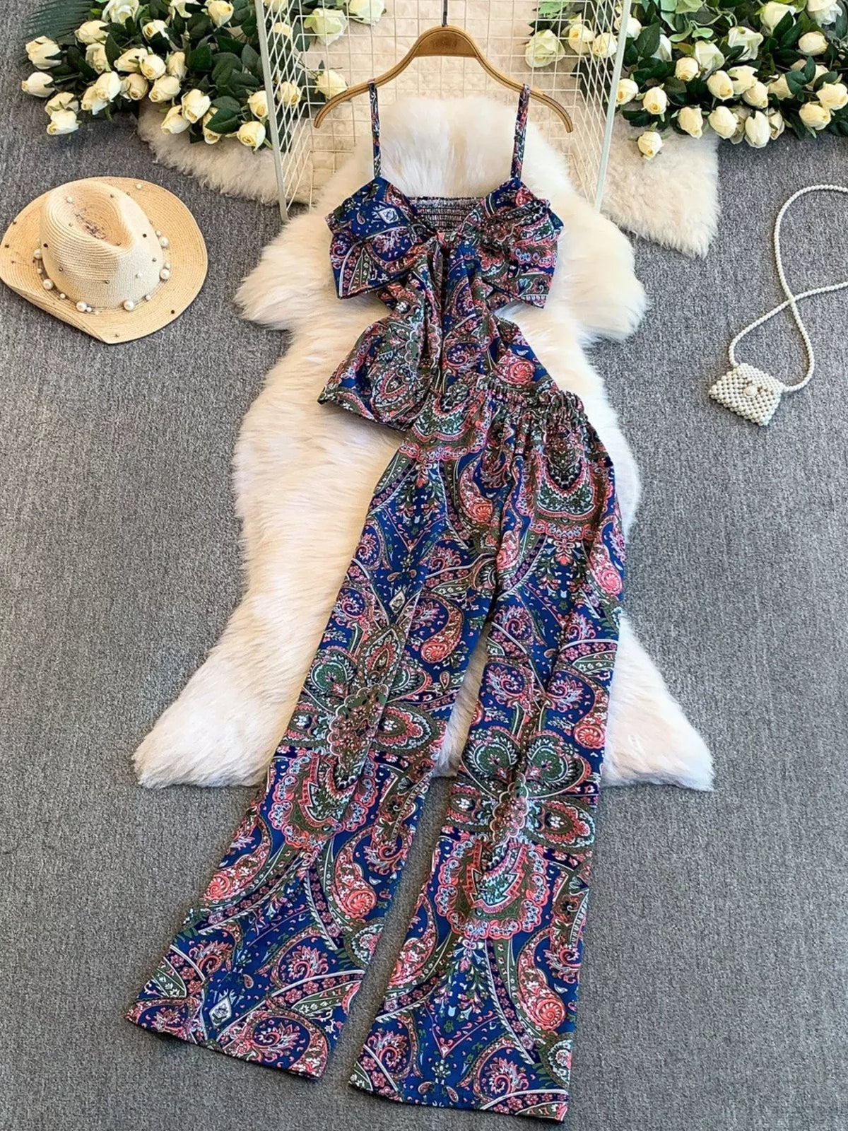 Printed wide leg pants drape view