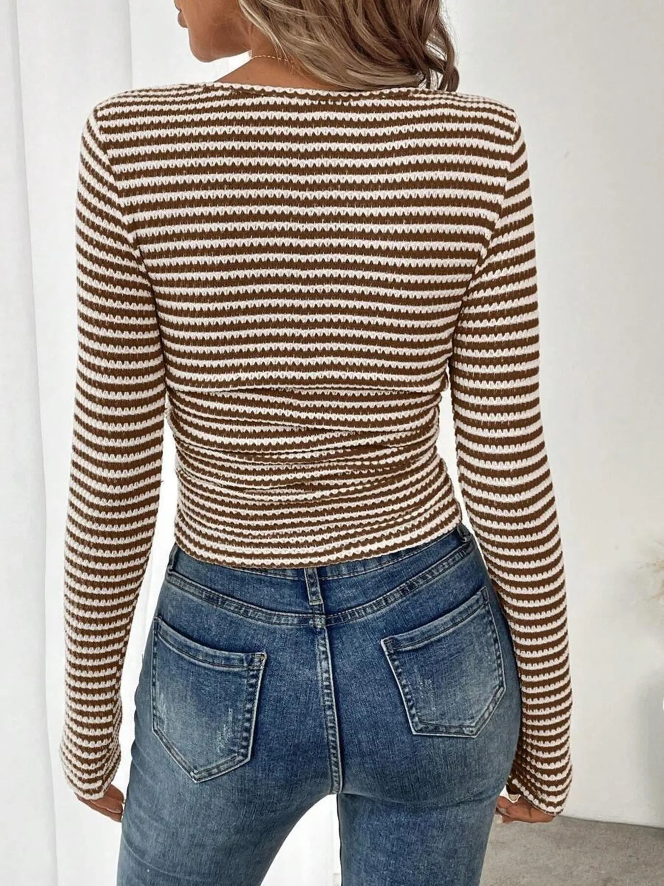 Striped Square Neck Long Sleeve T-Shirt - Fashorio