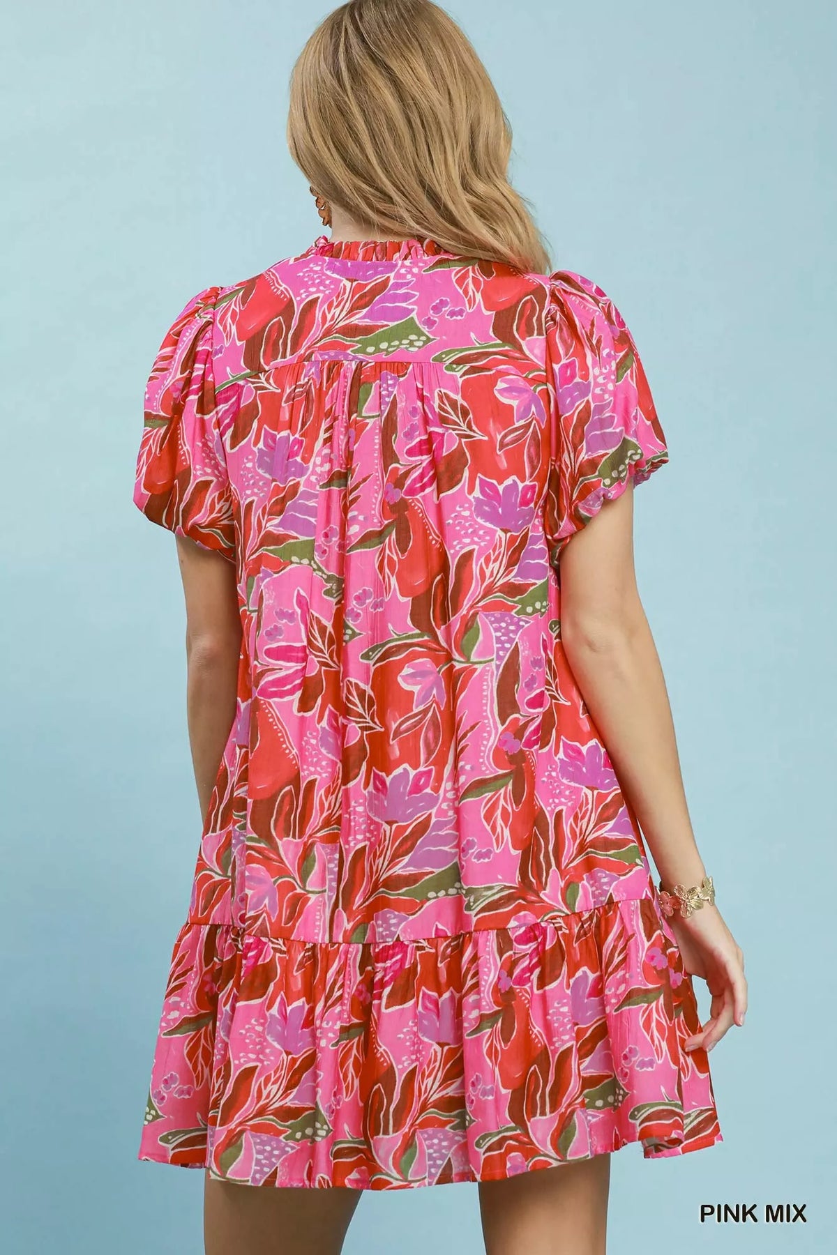 Pink tiered mini dress puff sleeve detail