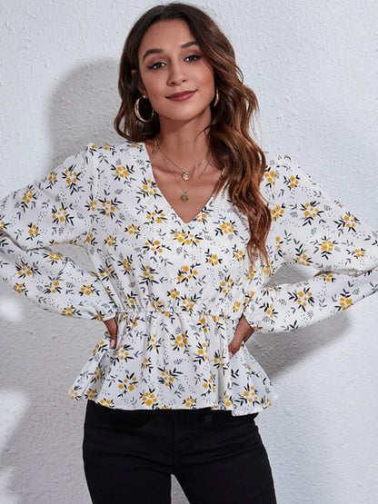Floral V-Neck Balloon Sleeve Peplum Blouse - Fashorio