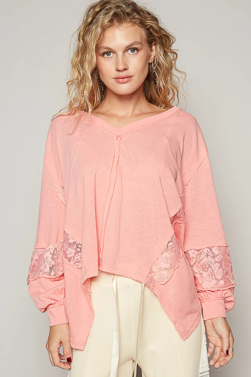POL V-Neck Long Sleeve T-Shirt with Lace Detail Blush Pink - Fashorio