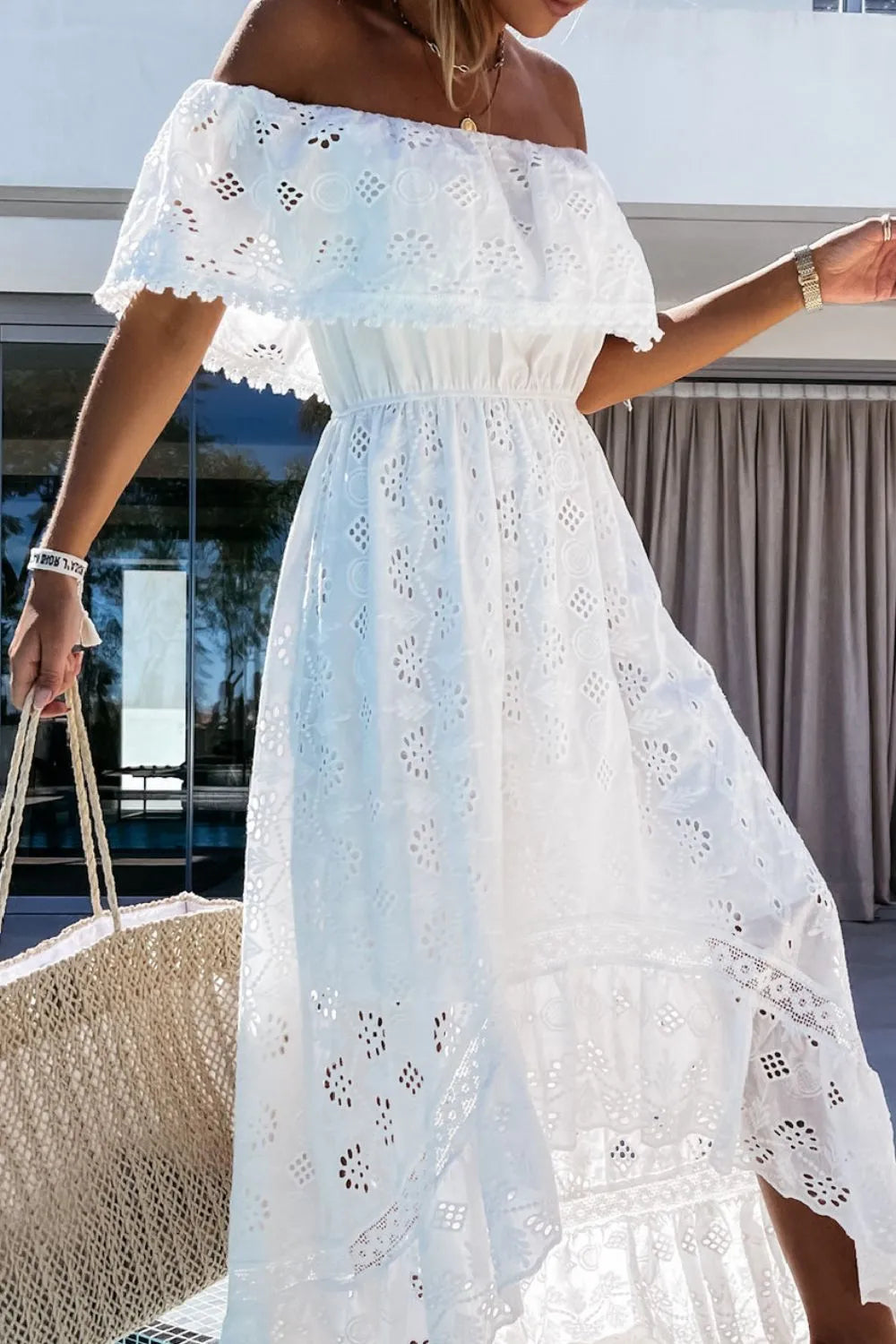 Off Shoulder Eyelet Lace Maxi Dress high low hem view