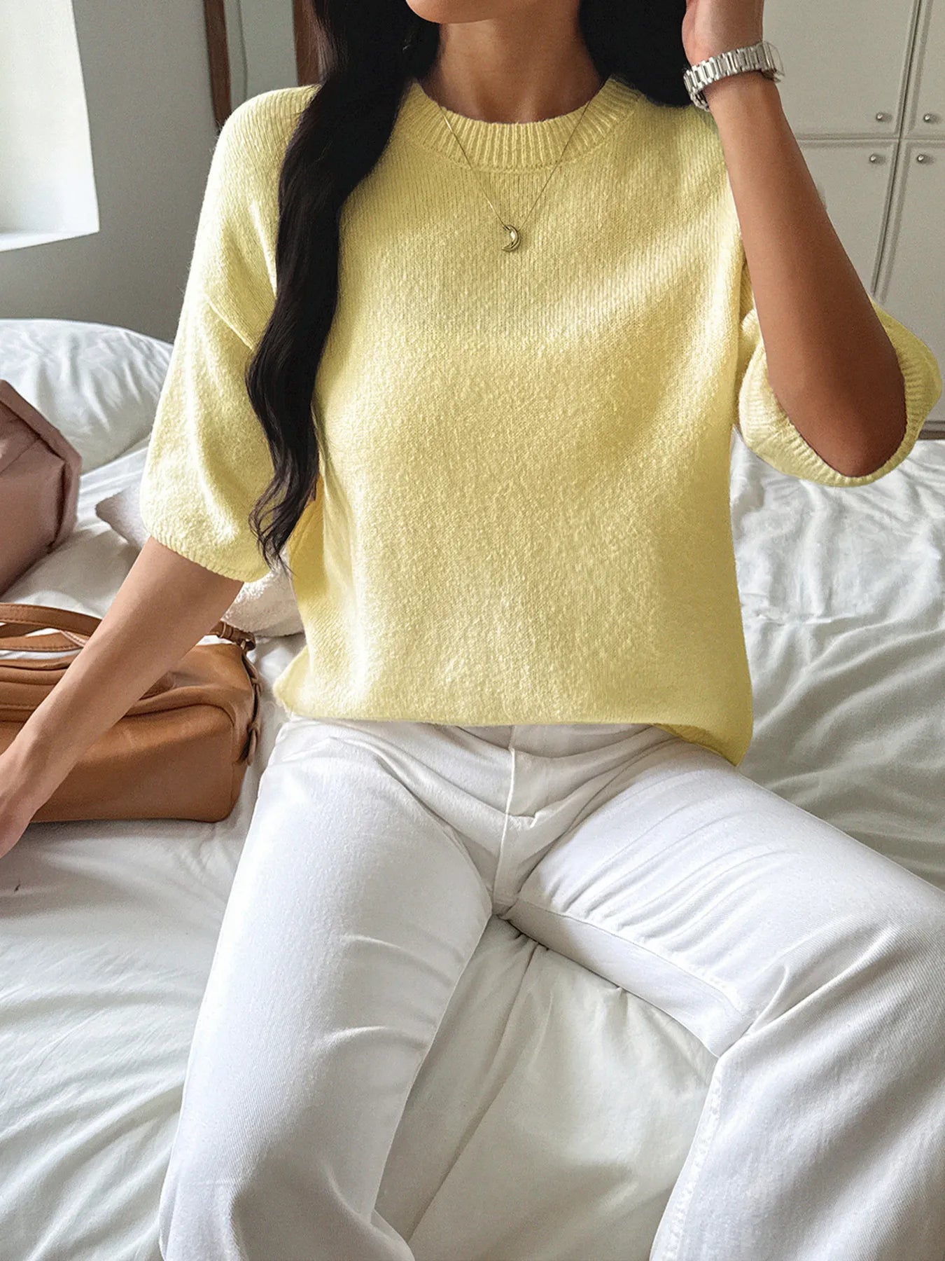 Ribbed Hem Round Neck Sweater - Fashorio