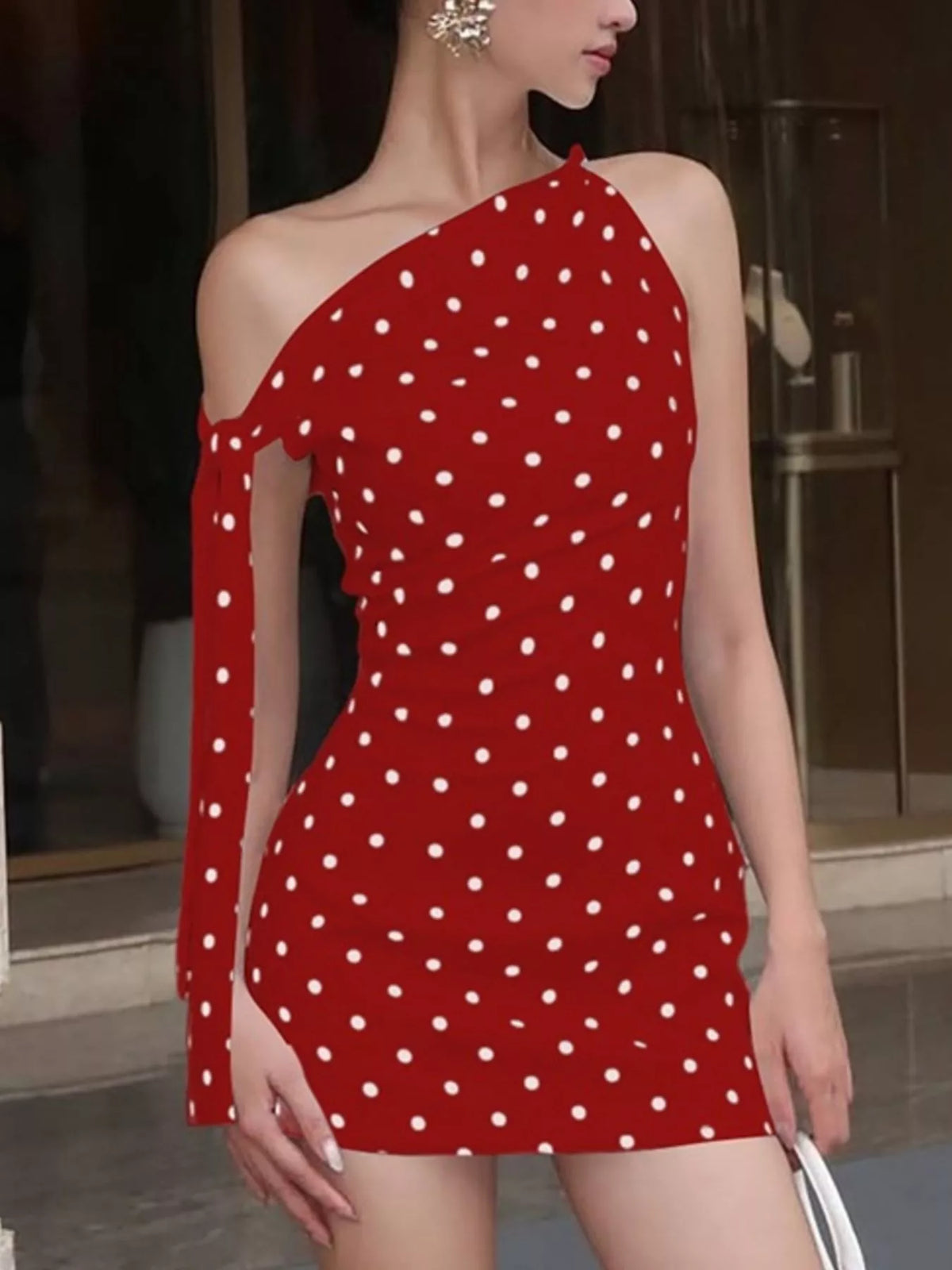 Womens polka dot mini dress styled with heeled sandals