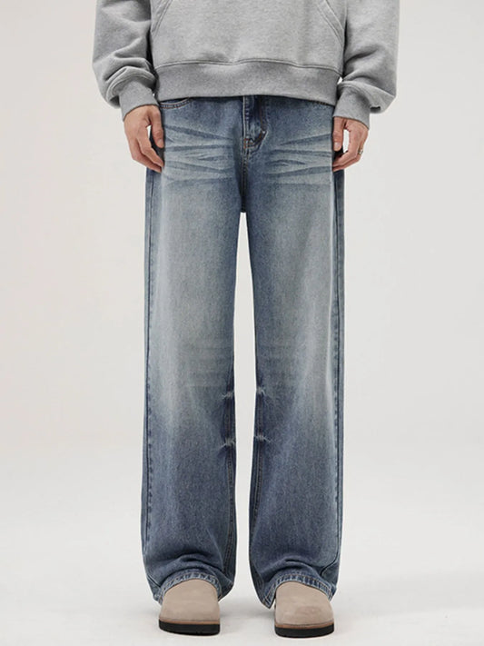 Men's Full Size Vintage Washed Wide Leg Relaxed Fit Jeans Plus Size Ice Blue - Fashorio