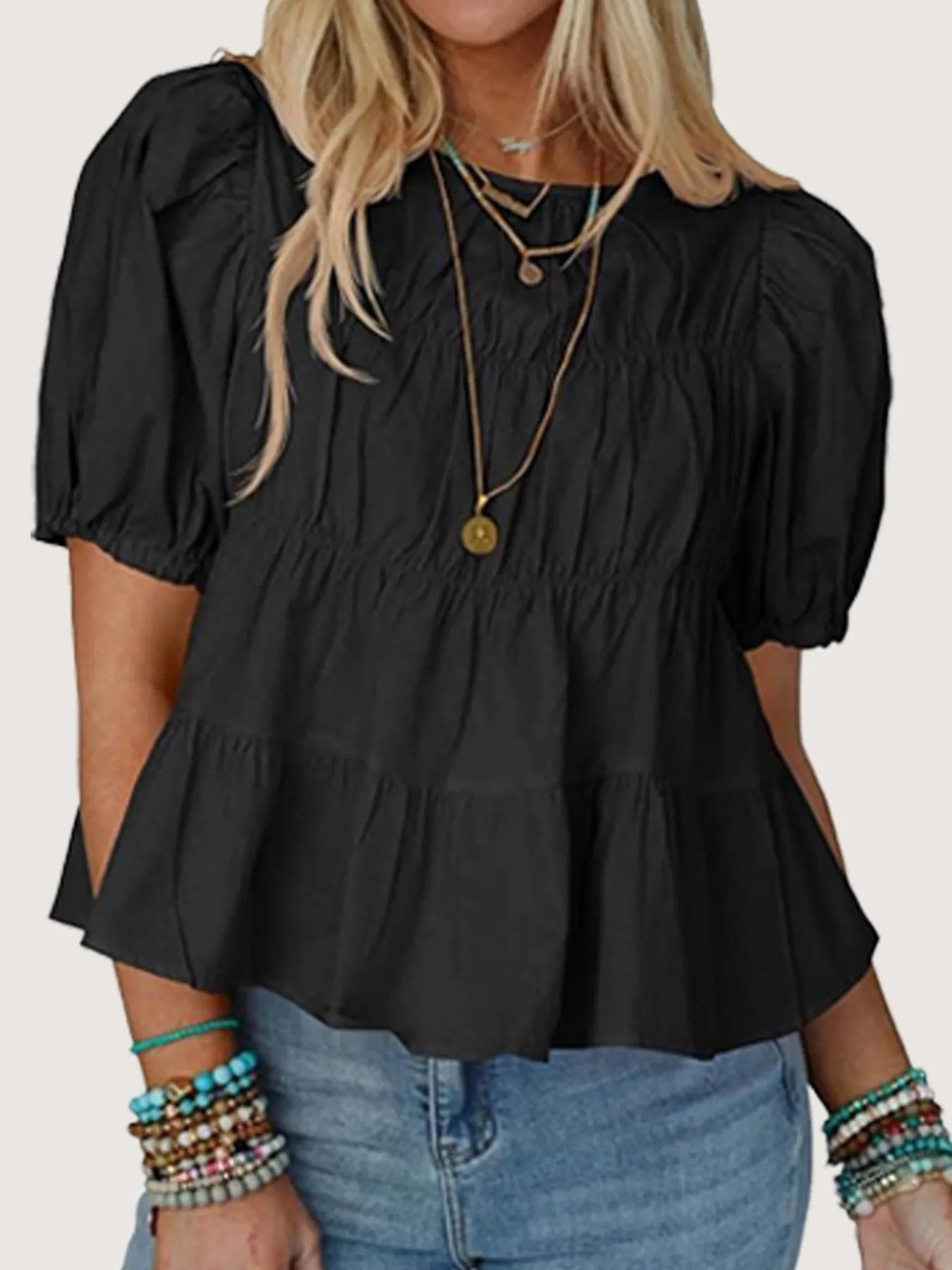Tiered Round Neck Puff Sleeve Ruched Blouse - Fashorio