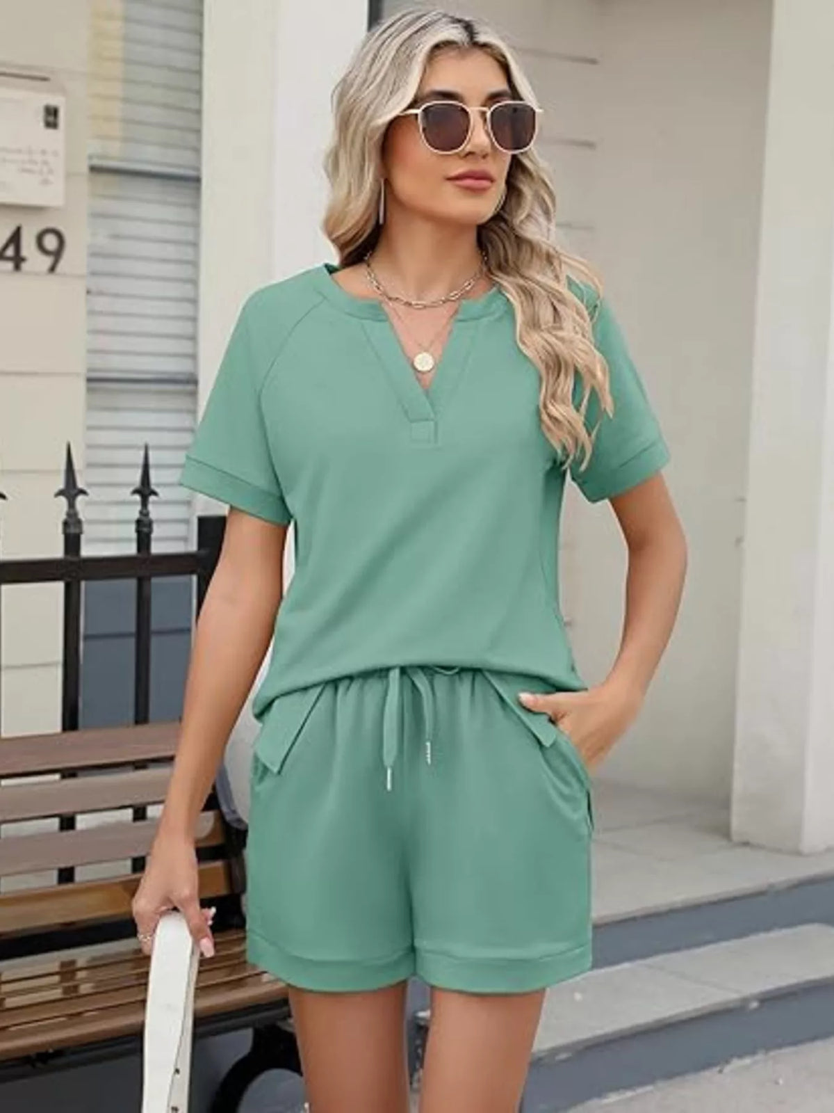 Solid Short Sleeve Top and Shorts Set, view 23
