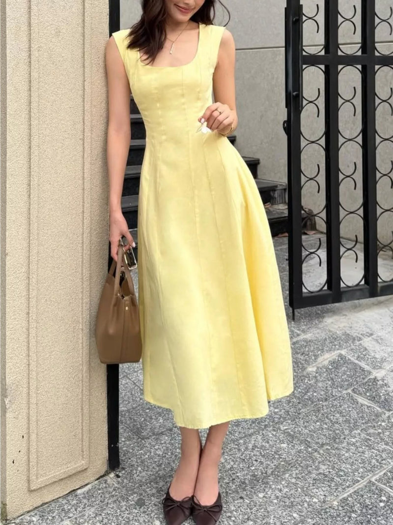 Yellow sleeveless scoop neck a line midi dress front view