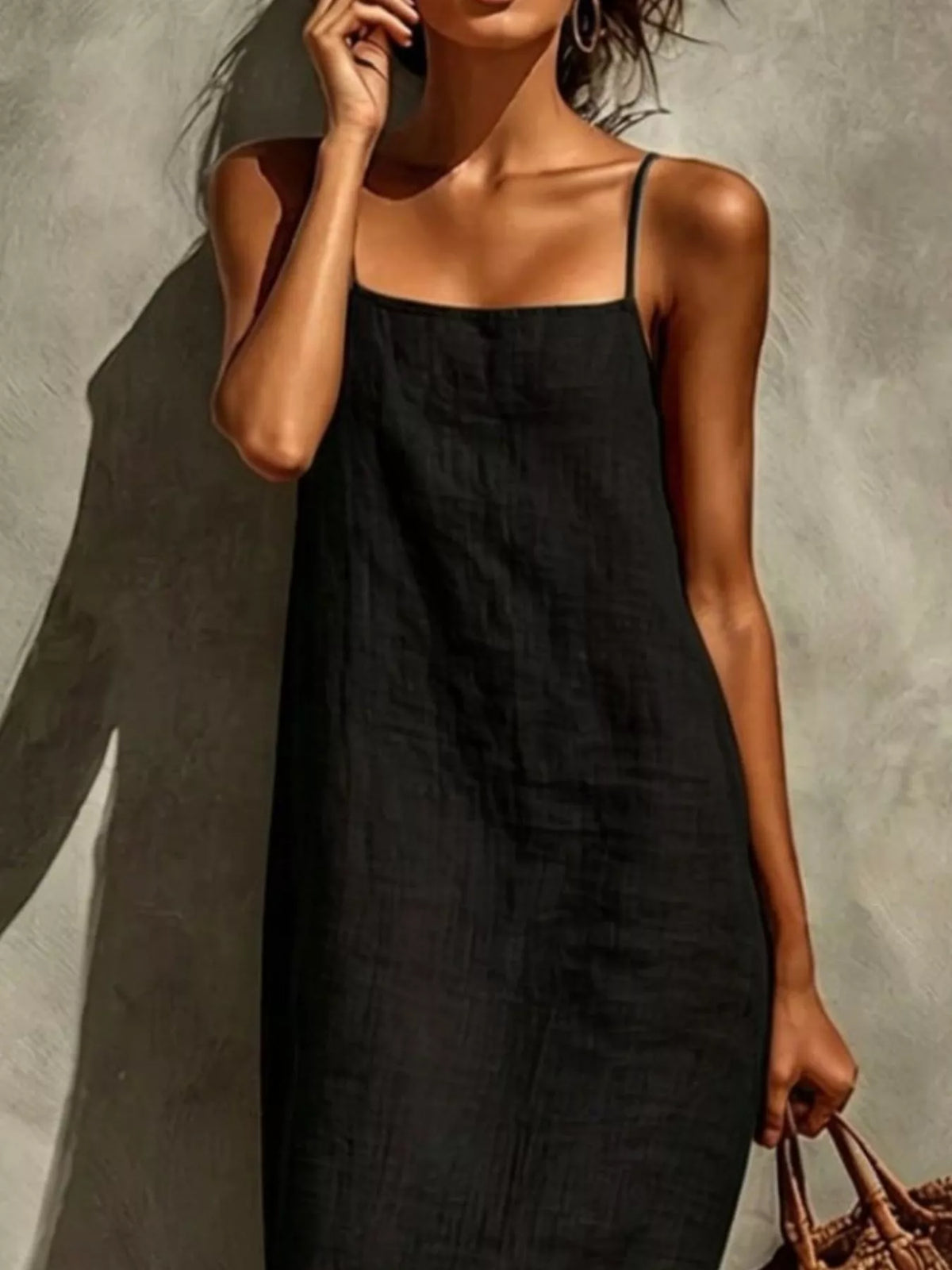 Sleeveless linen feel maxi dress neckline detail