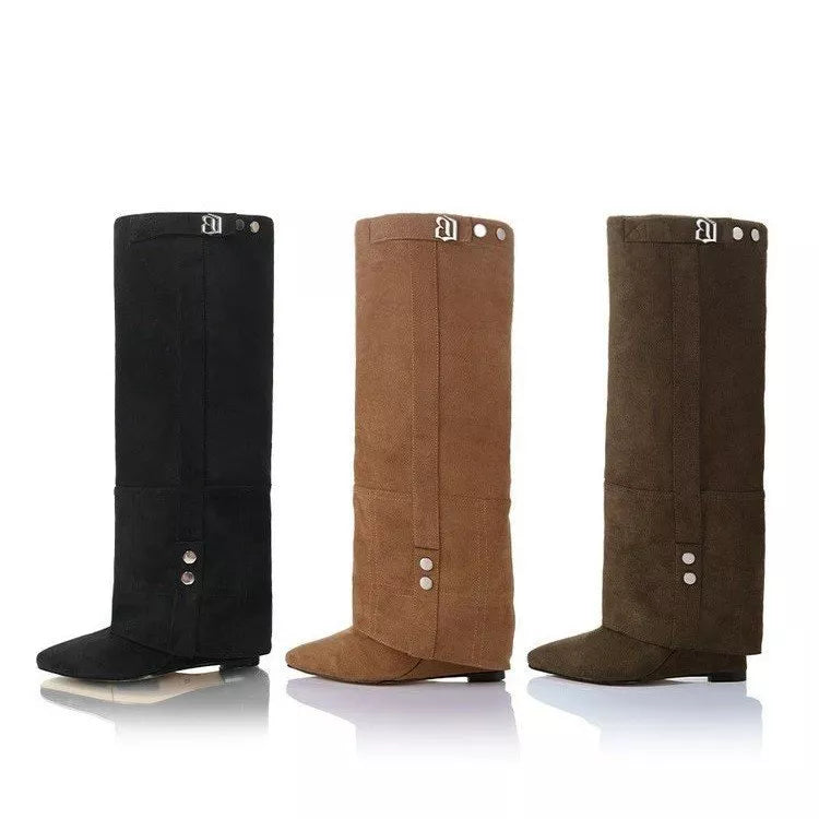 Camel point toe block heel boots side profile