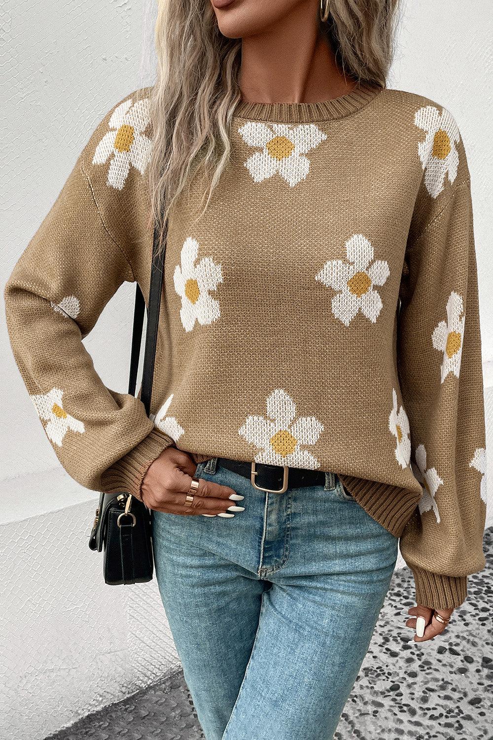 Perfee Floral Dropped Shoulder Sweater Khaki - Fashorio
