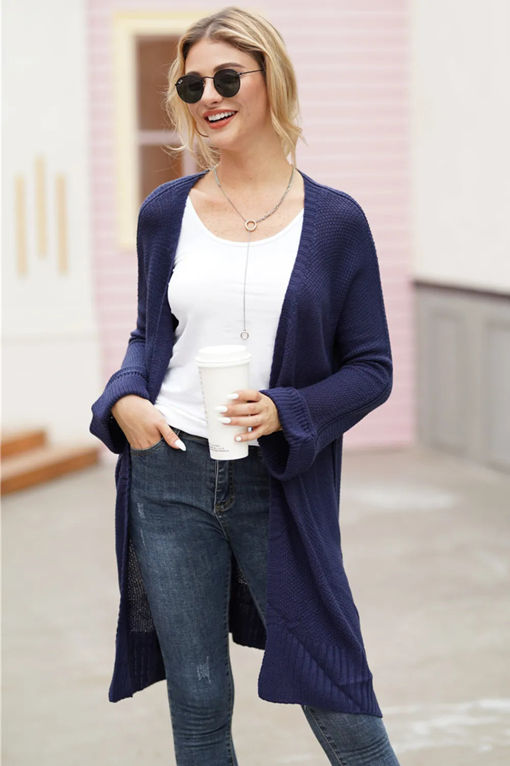 Open Front Long Sleeve Cardigan Dark Blue - Fashorio