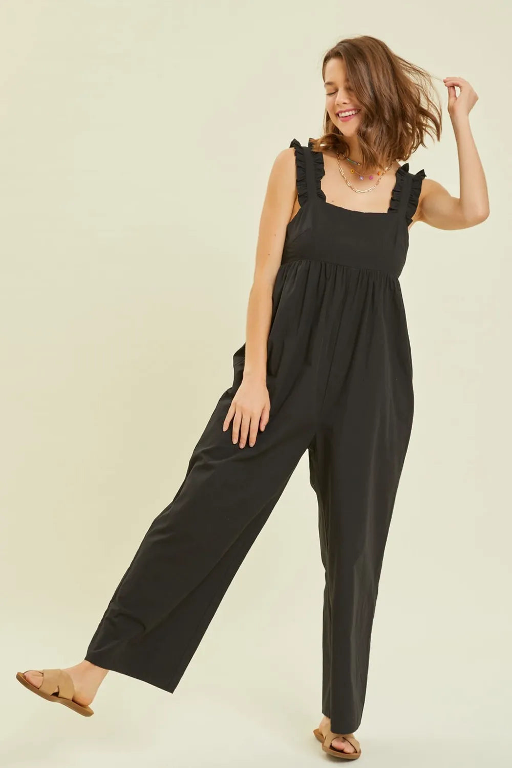 Ruffled Strap Back Tie Wide Leg Jumpsuit side view