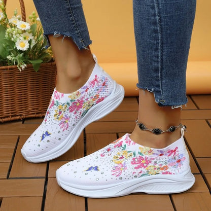Rhinestone Floral Print Sneakers - Fashorio