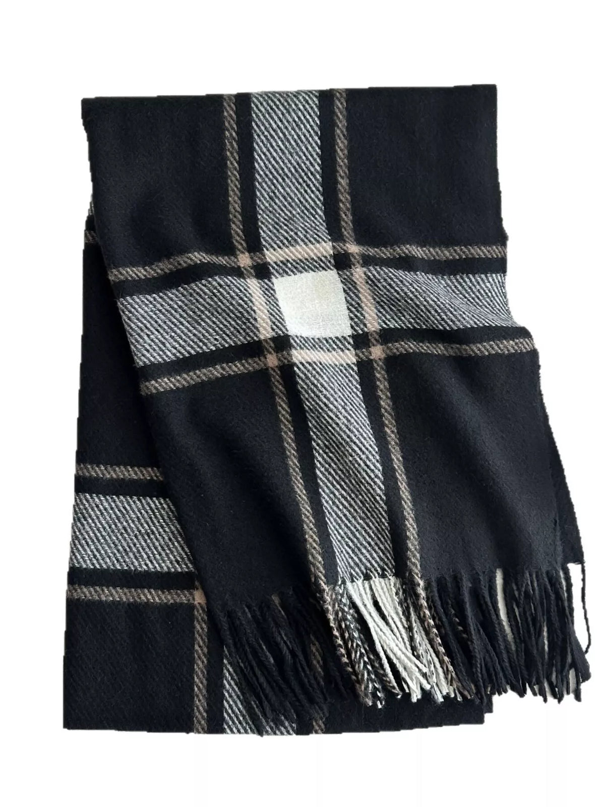 Womens plaid tassel scarf worn with a coat