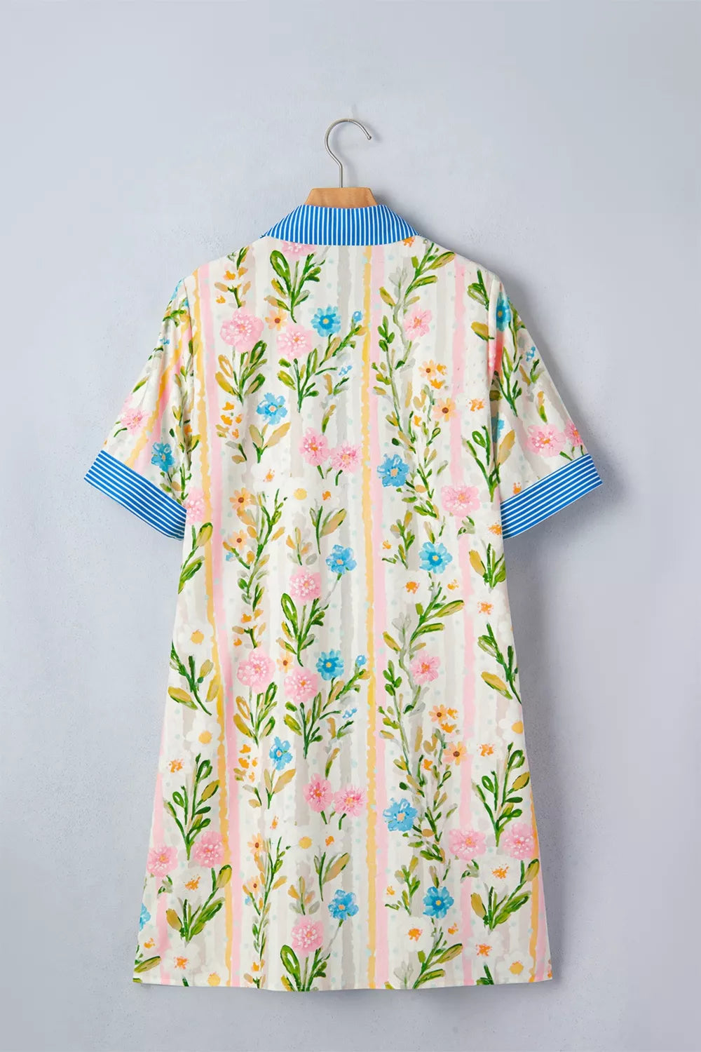 Multicolor floral print button down shift dress detail view