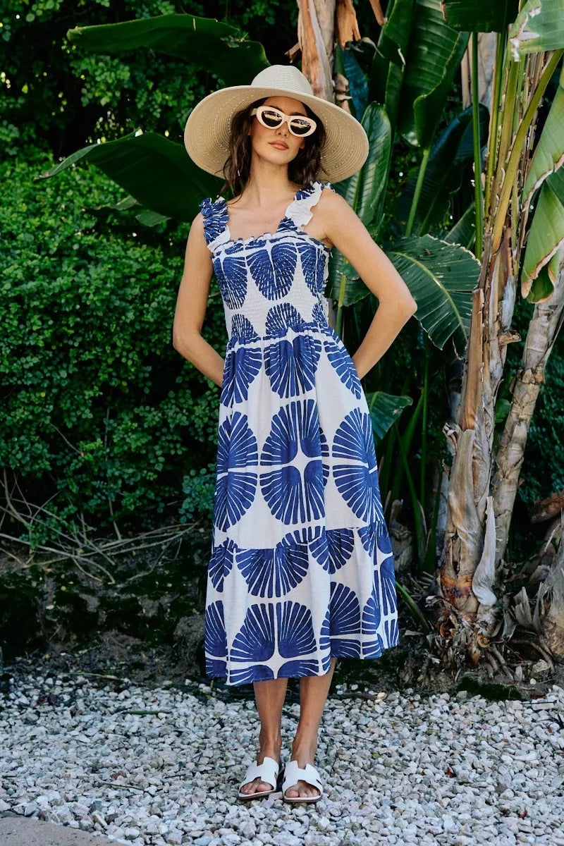 Navy abstract print smocked bodice tiered midi dress front view