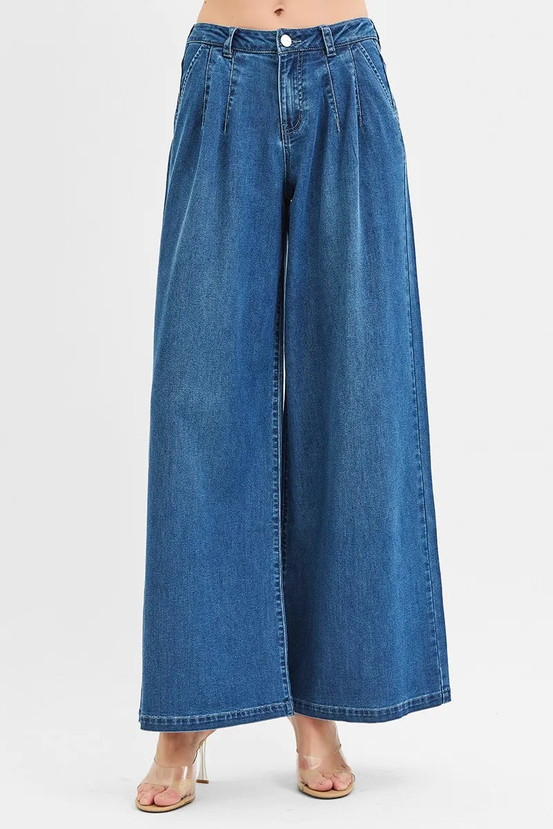 RISEN Mid Rise Fit Wide Leg Knit Denim Look Jeans - Fashorio