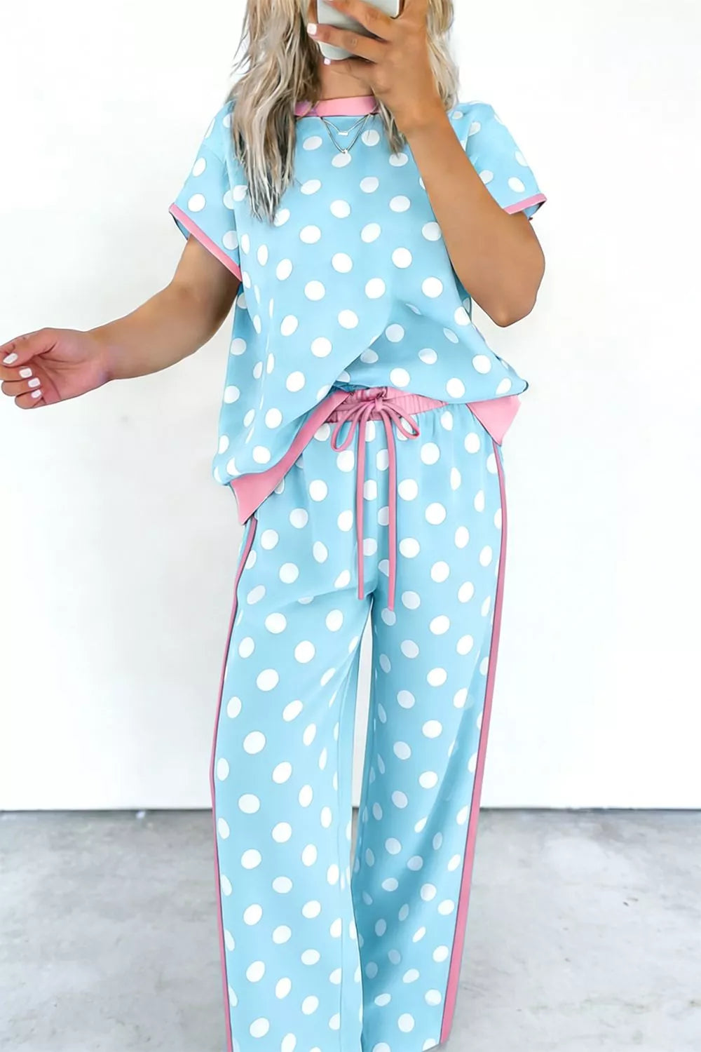 Polka dot contrast trim top and pants set front view