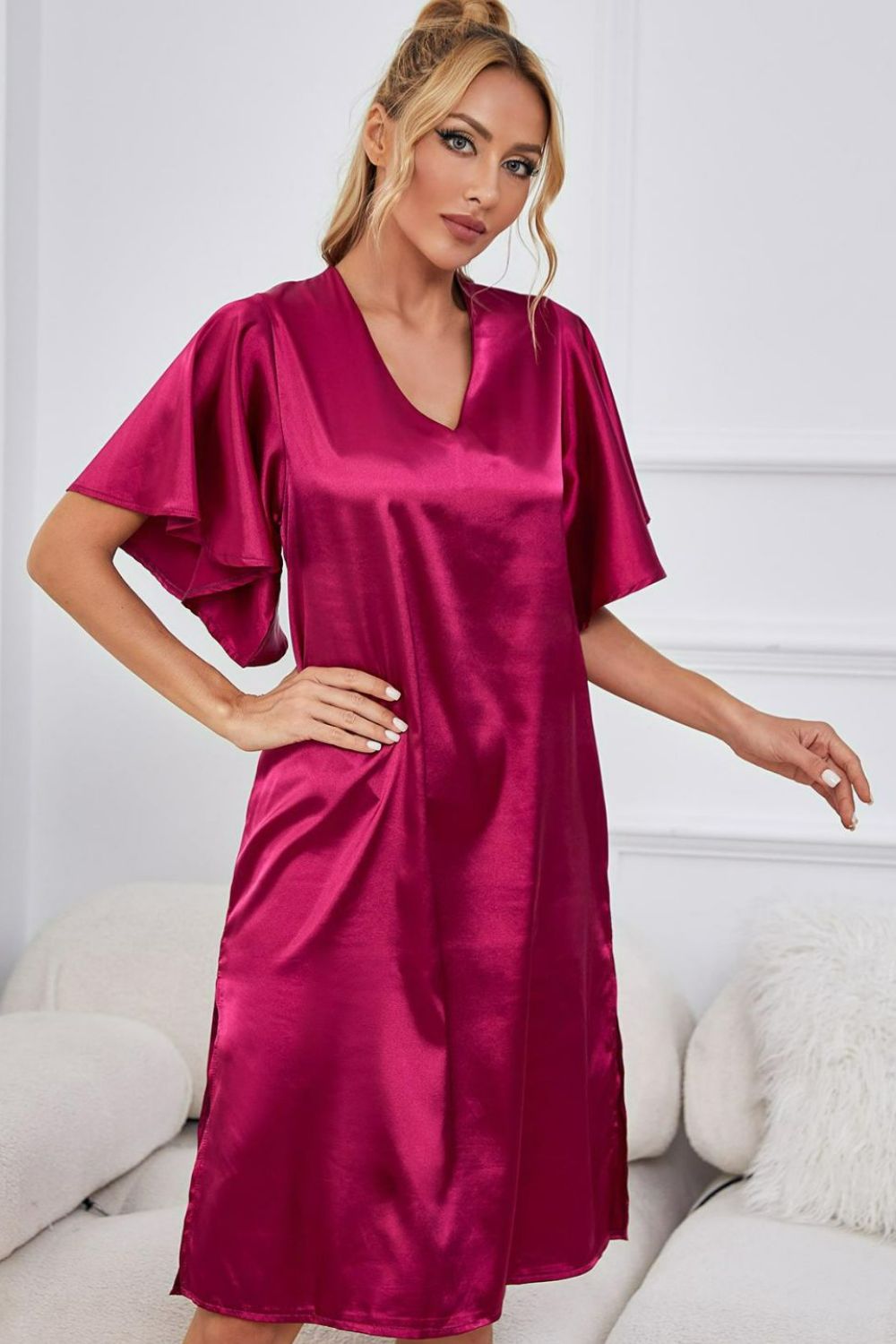 Satin Flutter Sleeve Side Slit V-Neck Night Dress - Fashorio