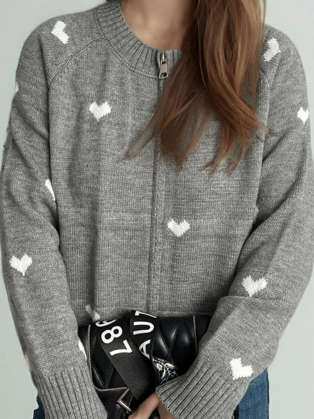 Heart Round Neck Zip Up Cardigan - Fashorio