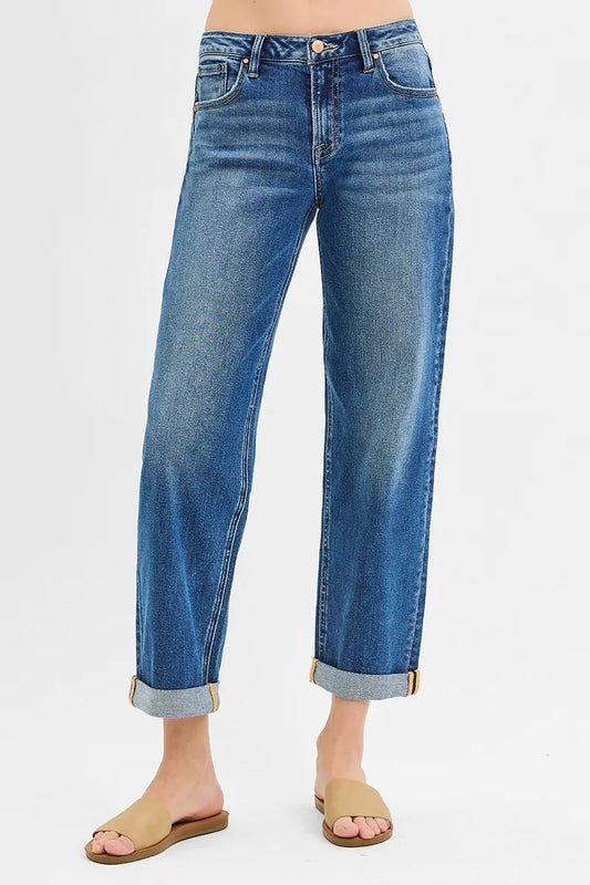 RISEN Full Size Mid Rise Boyfriend Roll Up Jeans Plus Size DARK - Fashorio