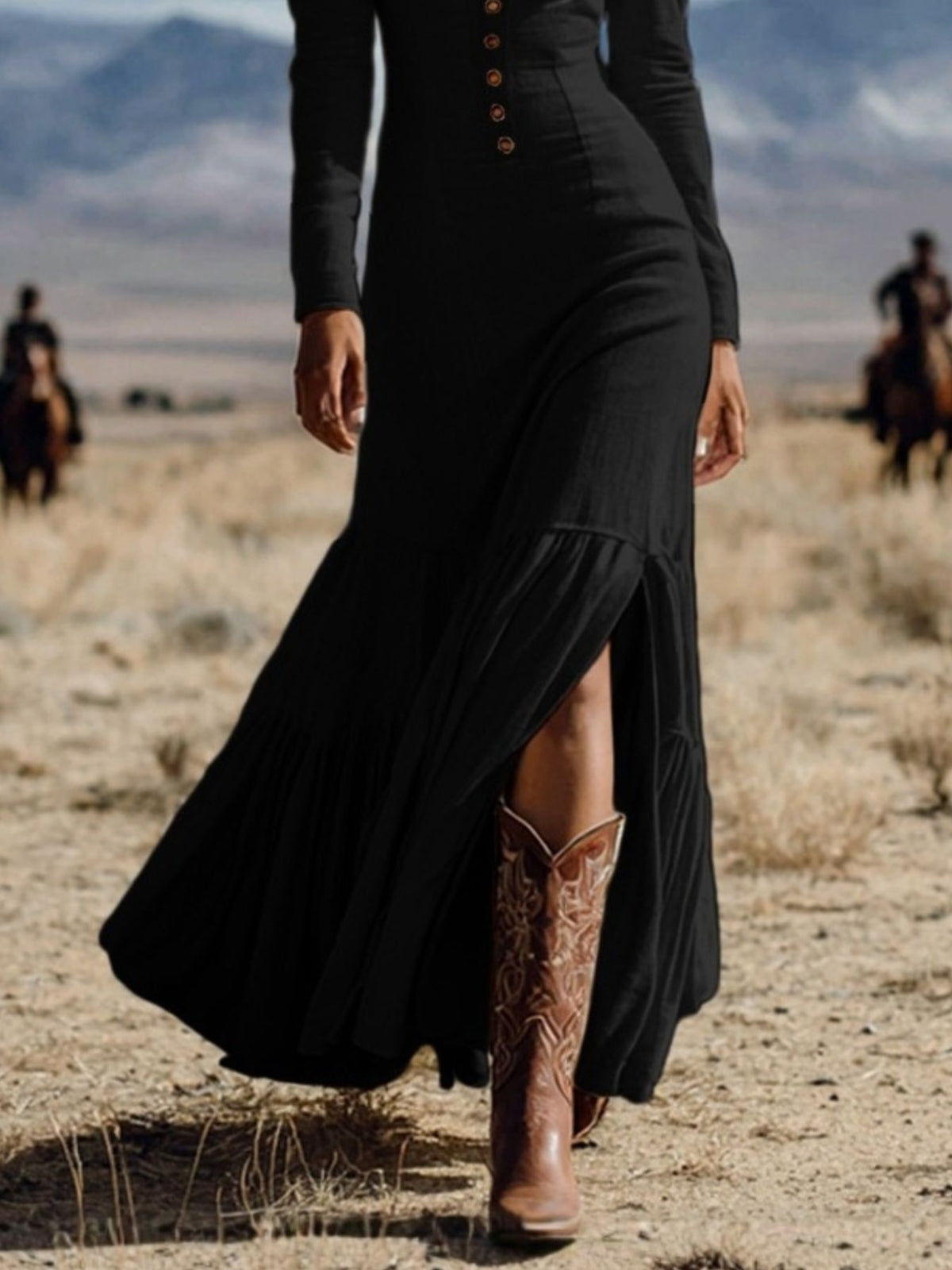 long sleeve slit tiered maxi dress back view