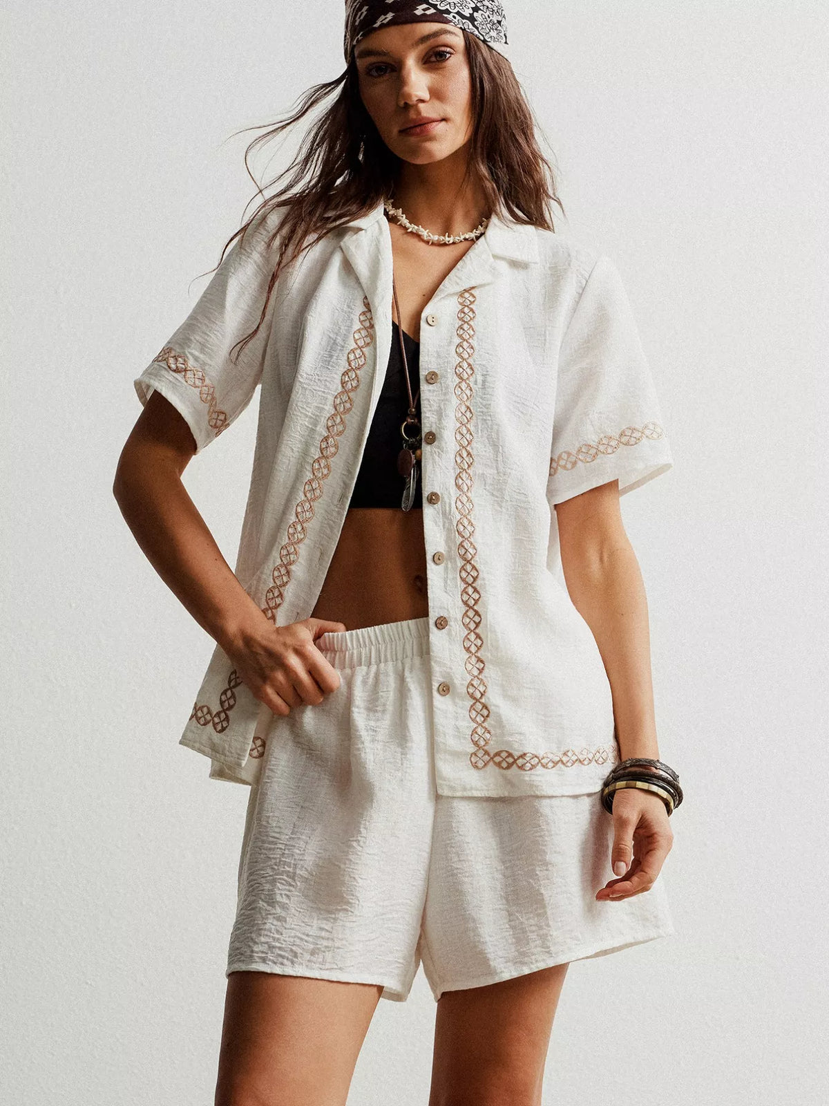 White button up shirt and shorts two piece set front view