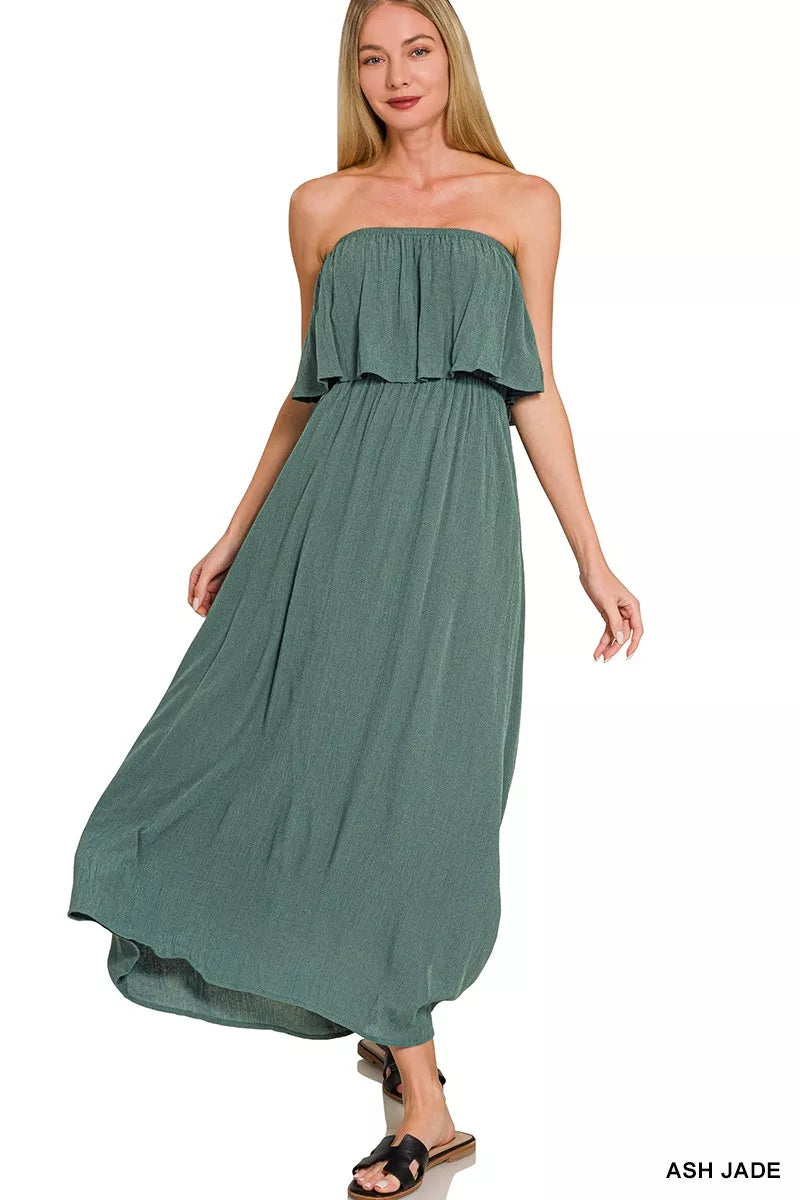 Zenana woven crinkle strapless maxi dress in ash jade front view