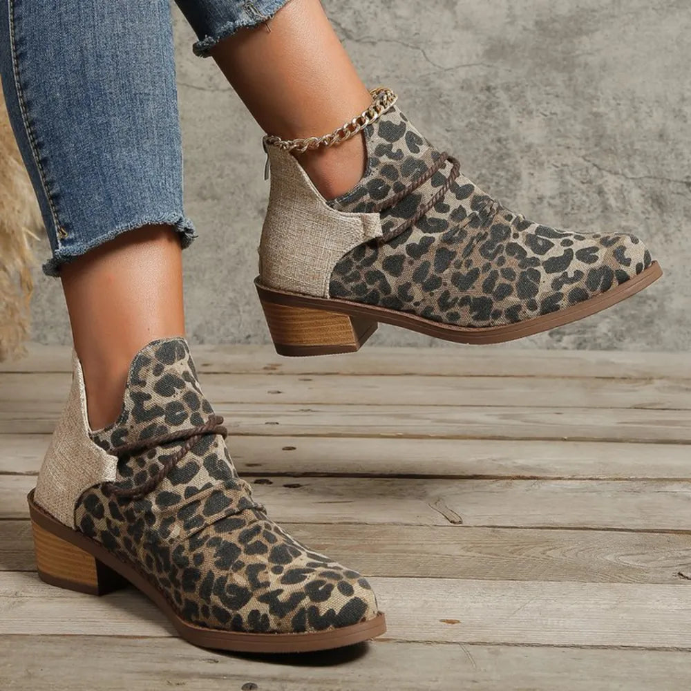 Contrast canvas low heel boots side profile